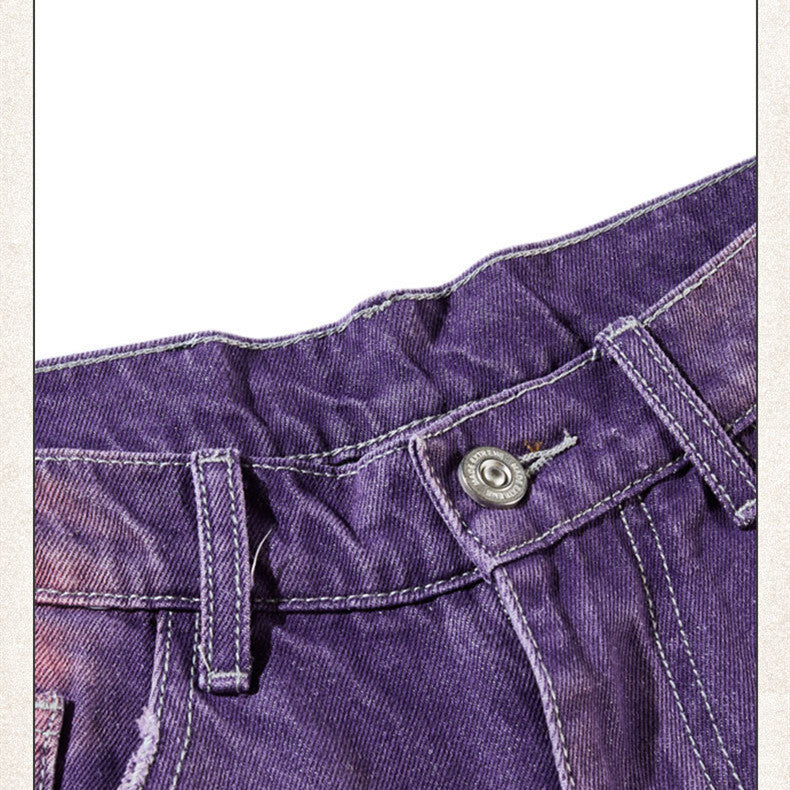 Street Washed Distressed Leg White Purple Color Jeans For Men And Women