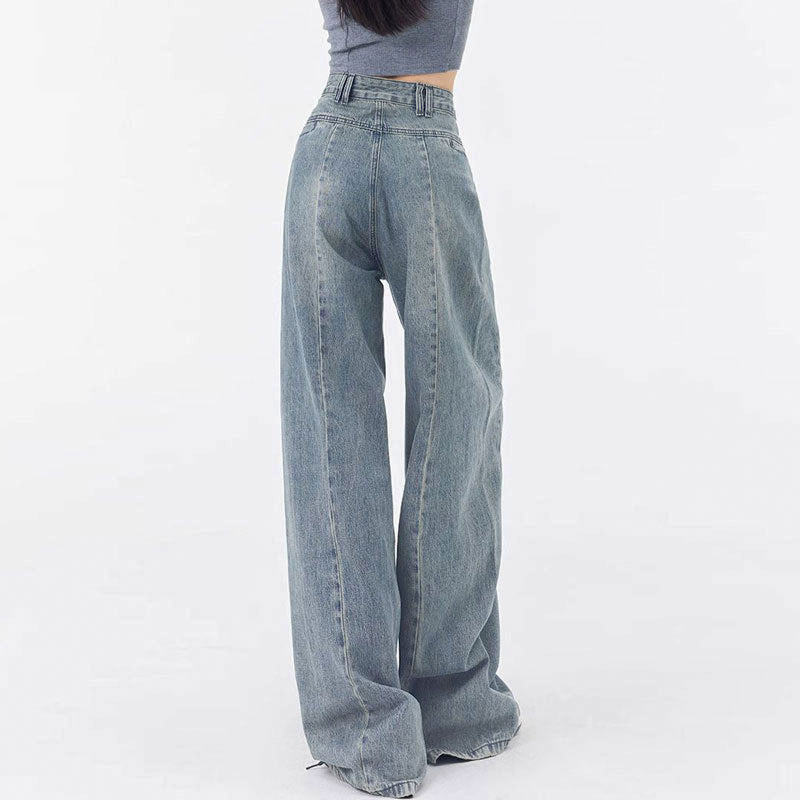 Fashionable Pleated Design Loose All-matching Straight Wide Leg Jeans For Women