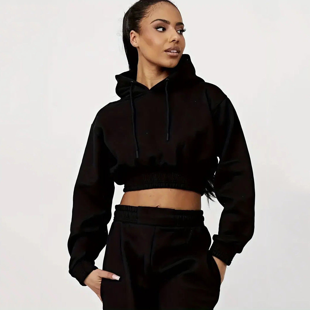 Women's Fleece-lined Casual Sports Drawstring Hooded Trousers Suit Two-piece Set