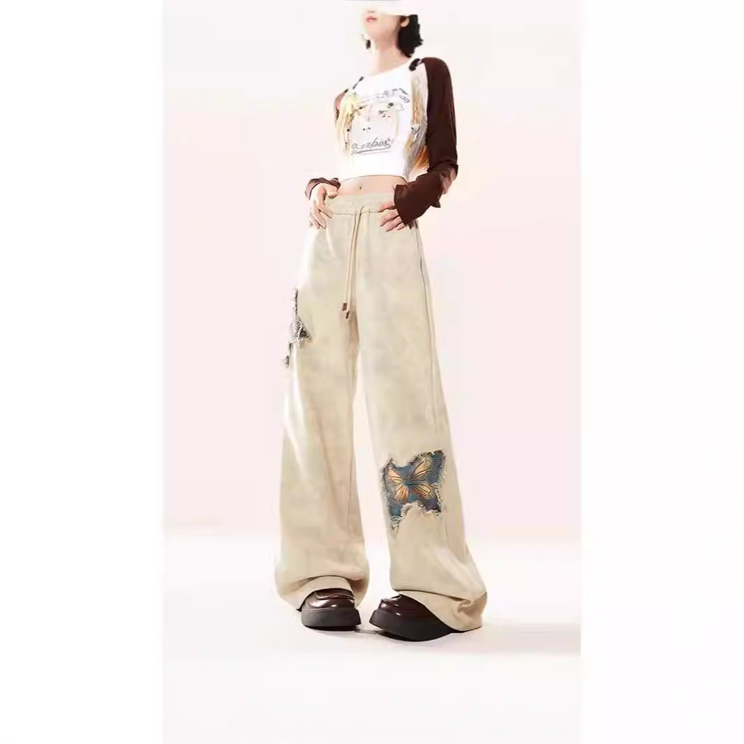 New American Butterfly Raw Embroidery Wide Leg Trousers For Women