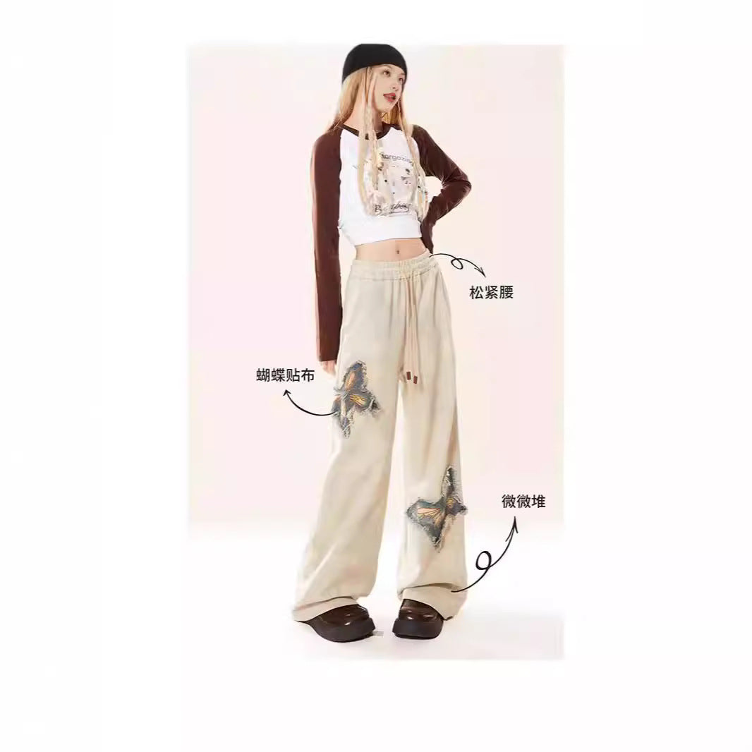 New American Butterfly Raw Embroidery Wide Leg Trousers For Women