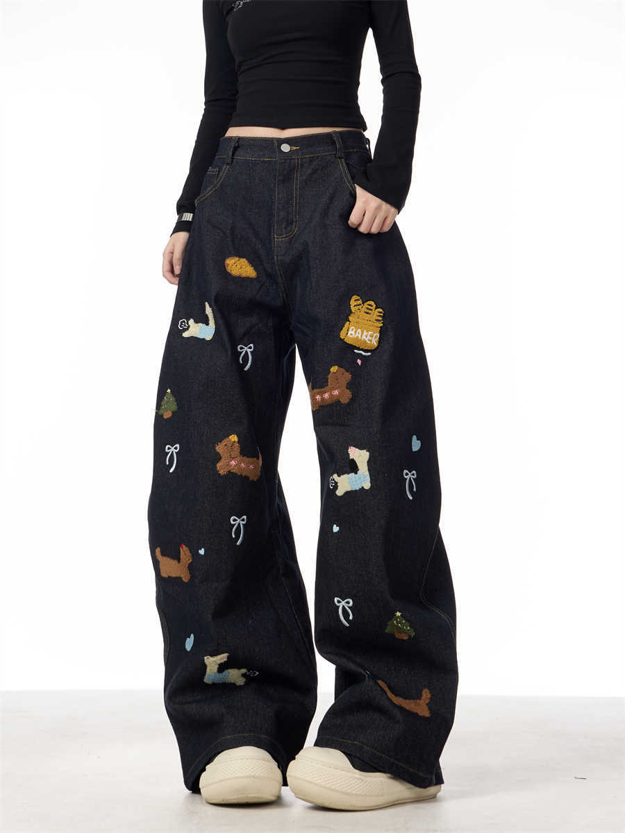 Sausage Dog Patchwork Jeans Women's Loose Casual Wide-leg Pants