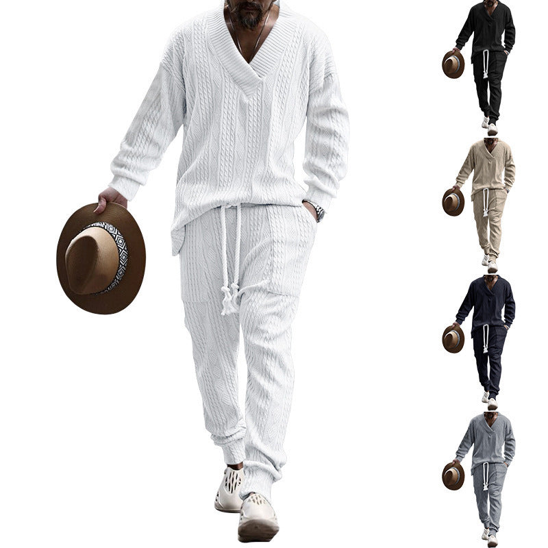 Men's Casual Trousers V-neck All-matching Jacquard Sweater Set