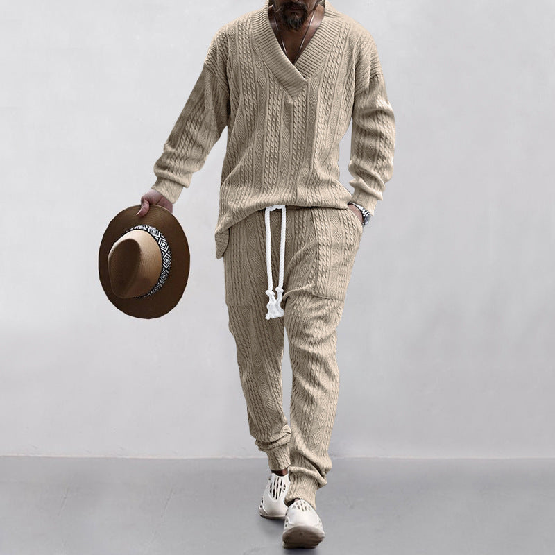 Men's Casual Trousers V-neck All-matching Jacquard Sweater Set