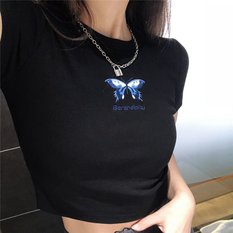 Round Neck Tight Chest Butterfly Embroidery High Waisted Short T-shirt For Women