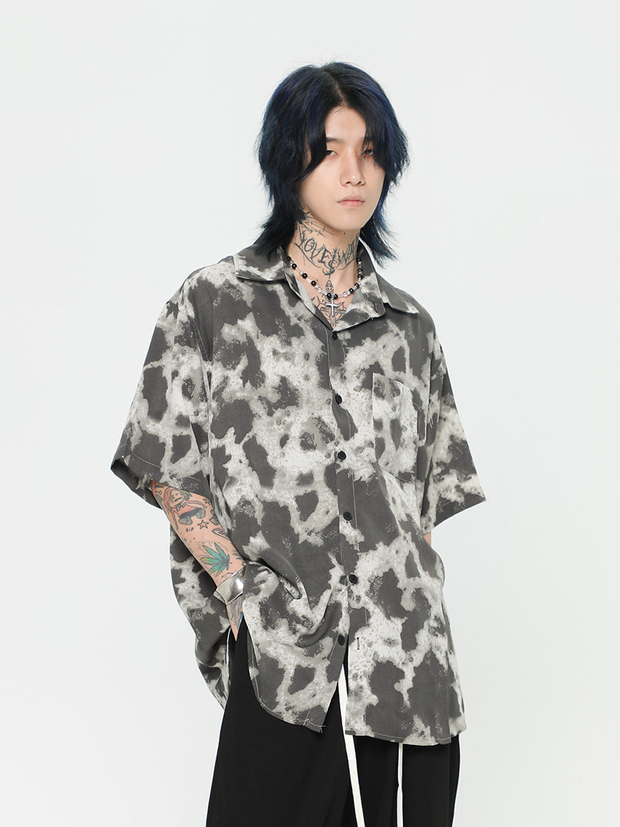 Summer Beach Japanese Short Sleeve Men Loose-fitting Retro Hong Kong Style Printed Shirt