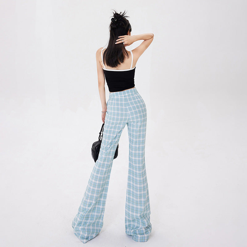 Retro Blue Plaid Casual Pants For Women