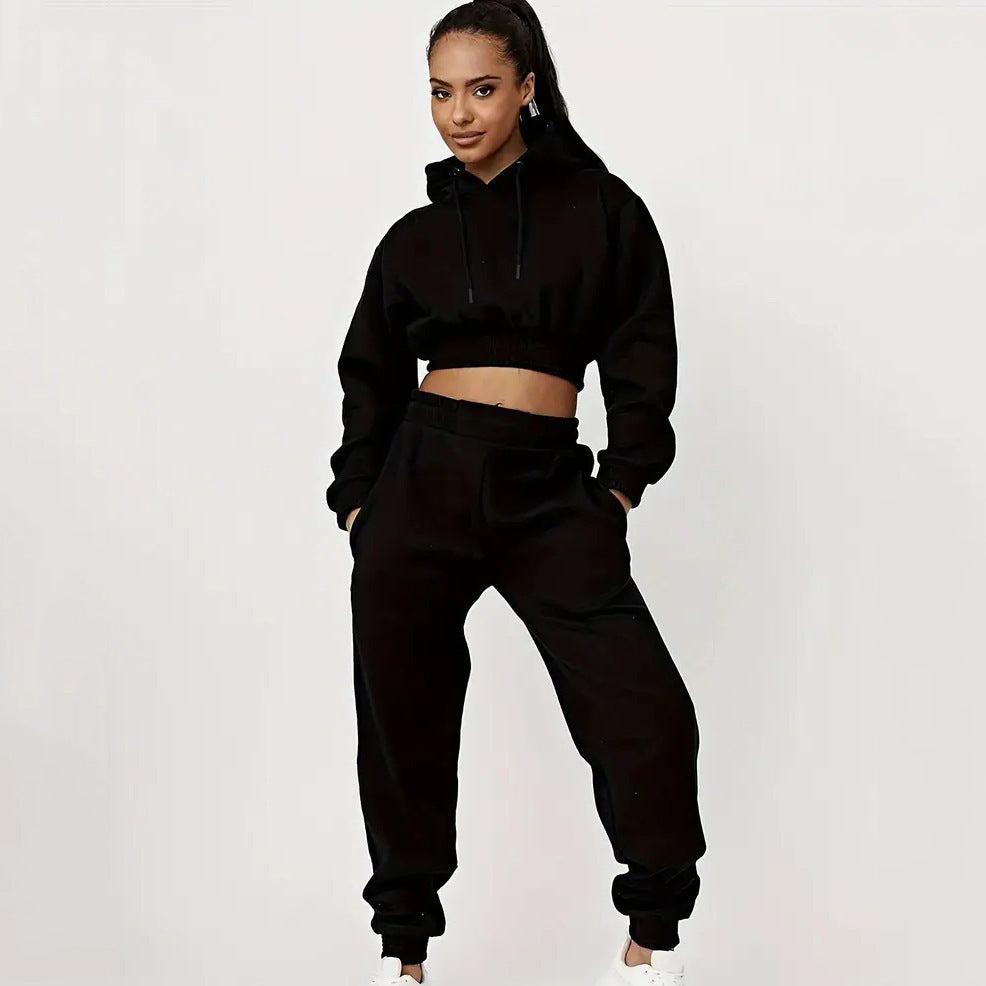 Women's Fleece-lined Casual Sports Drawstring Hooded Trousers Suit Two-piece Set