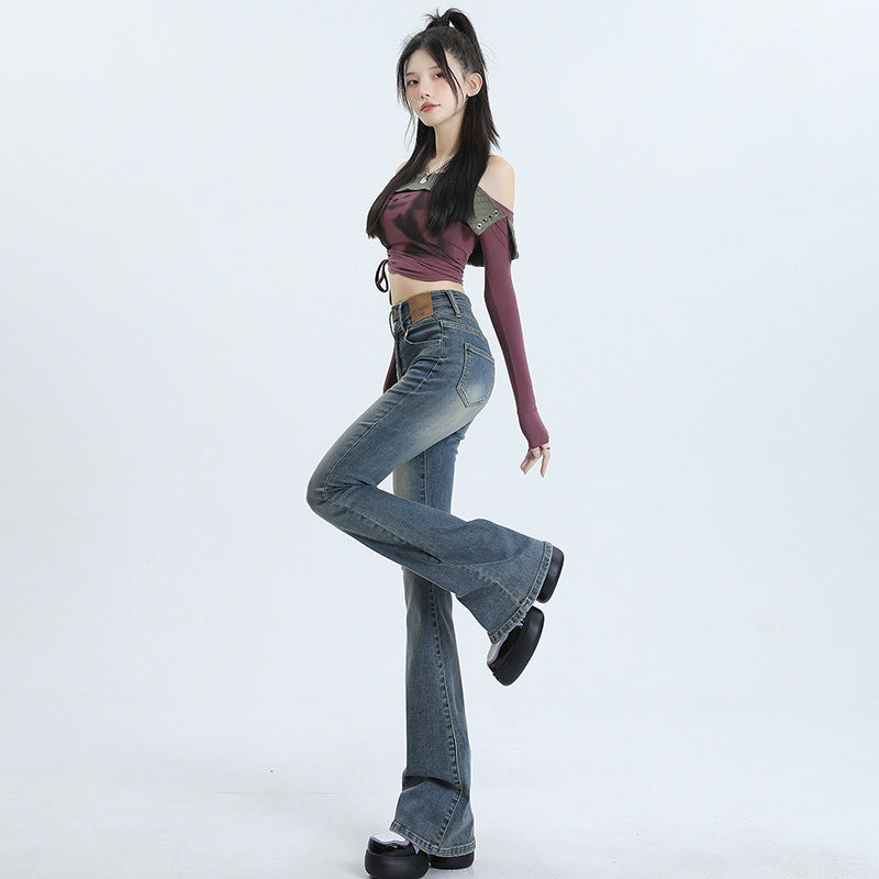 High Waist Slimming Hot Girl Double Buckle Slightly Flared Jeans Women