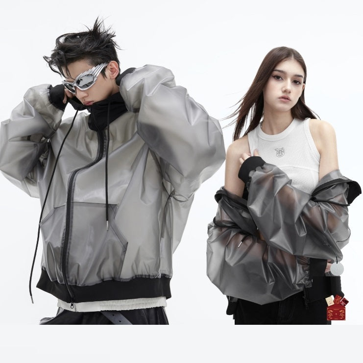 Transparent Design Pu Leather Coat Hooded Loose Jacket Men And Women