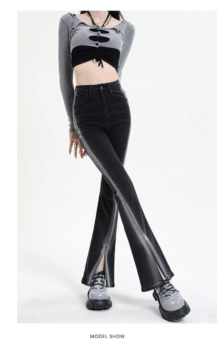 New Black Gradient Split Skinny Jeans For Women