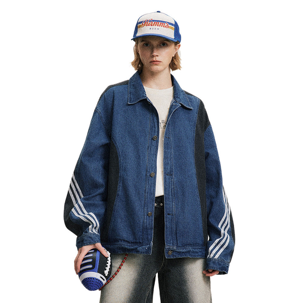 Side Stripe Stitching Loose Denim Jacket Men And Women European And American