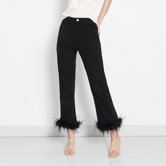 Simple Cropped Fashion Trousers Ostrich Feather Stitching Design For Women