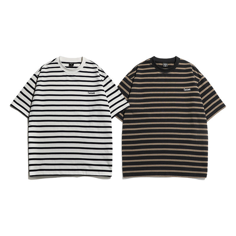 American Fashion Brand Striped T-shirt Men's Loose-fitting Casual Round-neck Short Sleeve Half Sleeve Shirt