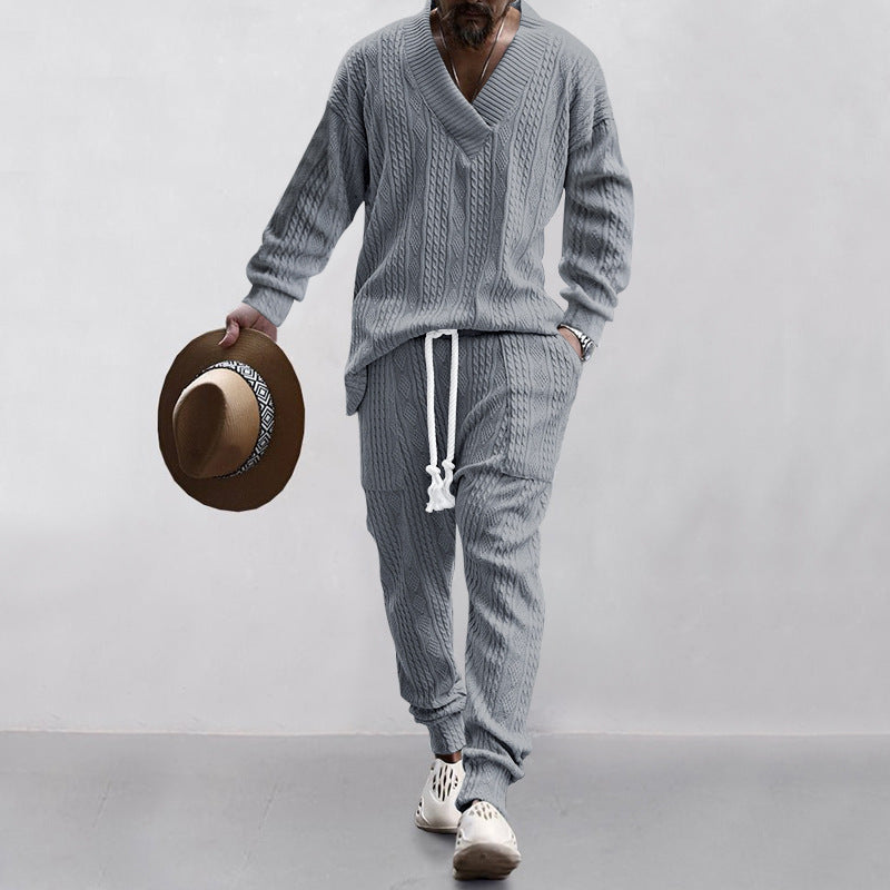 Men's Casual Trousers V-neck All-matching Jacquard Sweater Set