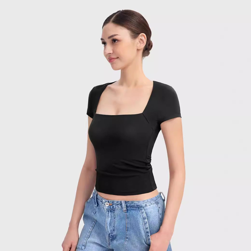 Summer Short-sleeved Square Collar Low-cut Women's T-shirt Top