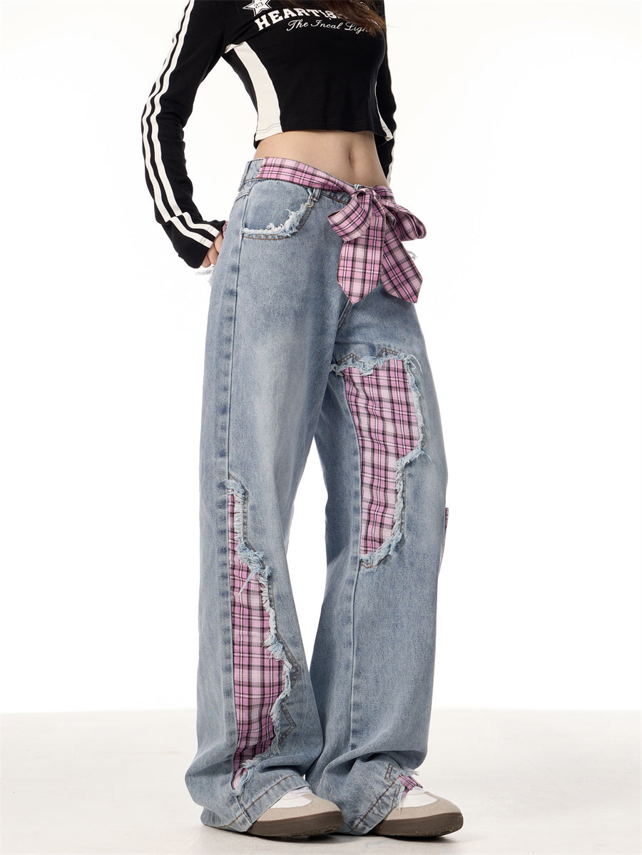 Bowknot Loose Sweet Cool Plaid Stitching Jeans Women's Straight Wide Leg Pants