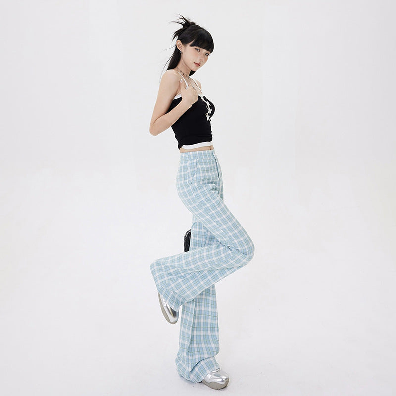 Retro Blue Plaid Casual Pants For Women