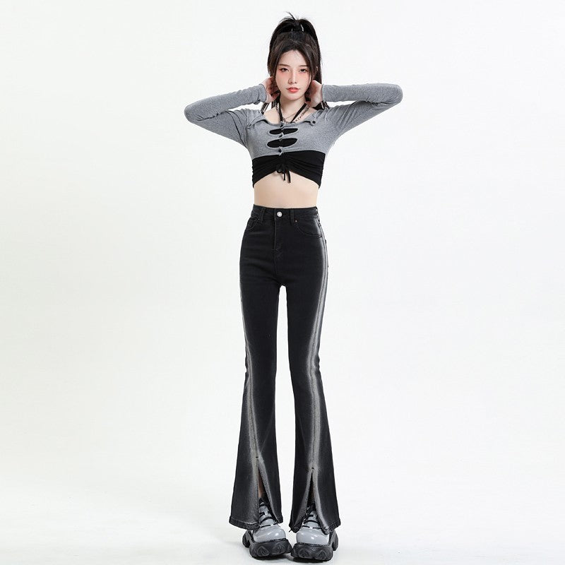 New Black Gradient Split Skinny Jeans For Women