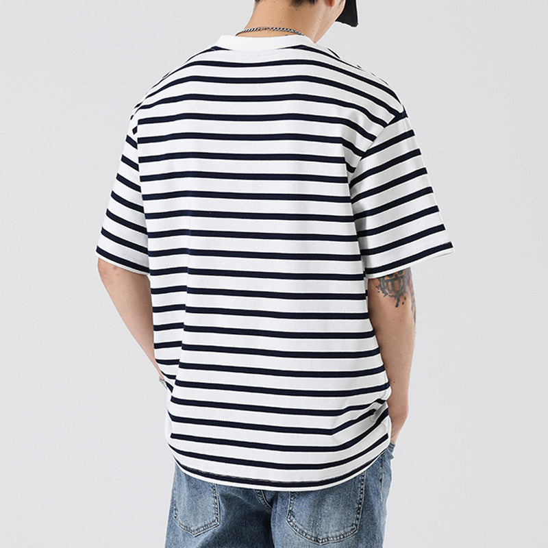 American Fashion Brand Striped T-shirt Men's Loose-fitting Casual Round-neck Short Sleeve Half Sleeve Shirt