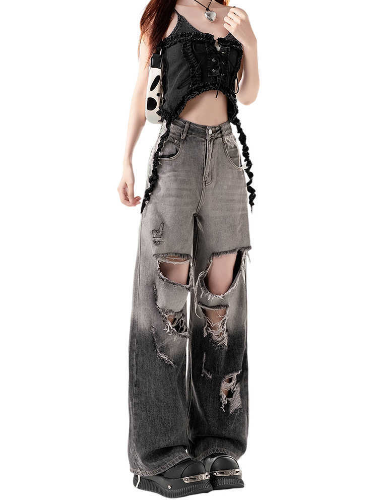 Black Gradient Ripped Wide-legged Jeans Women's High Waist Loose Straight Trousers