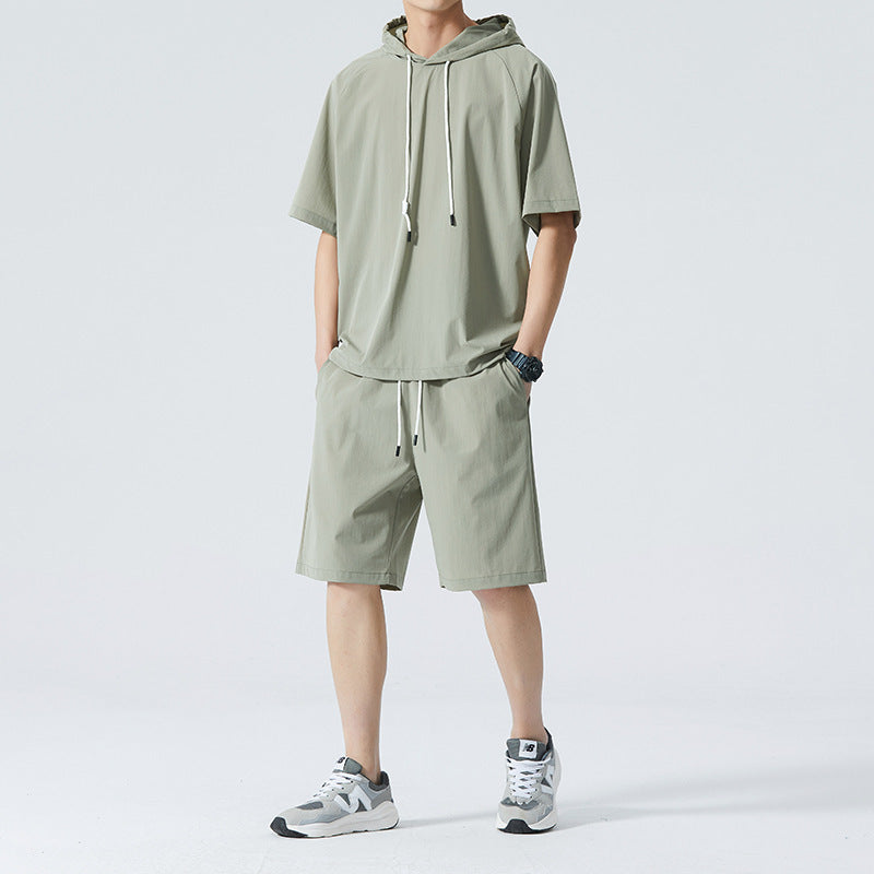 Men's Ice Silk Hooded High Street Short Sleeve T-shirt Shorts Set