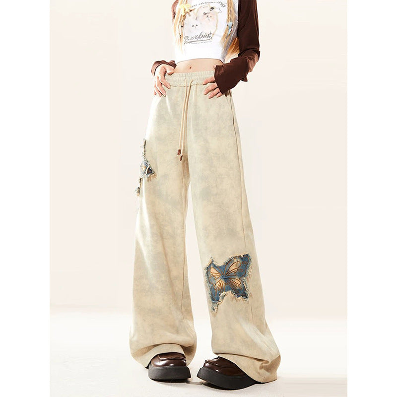 New American Butterfly Raw Embroidery Wide Leg Trousers For Women