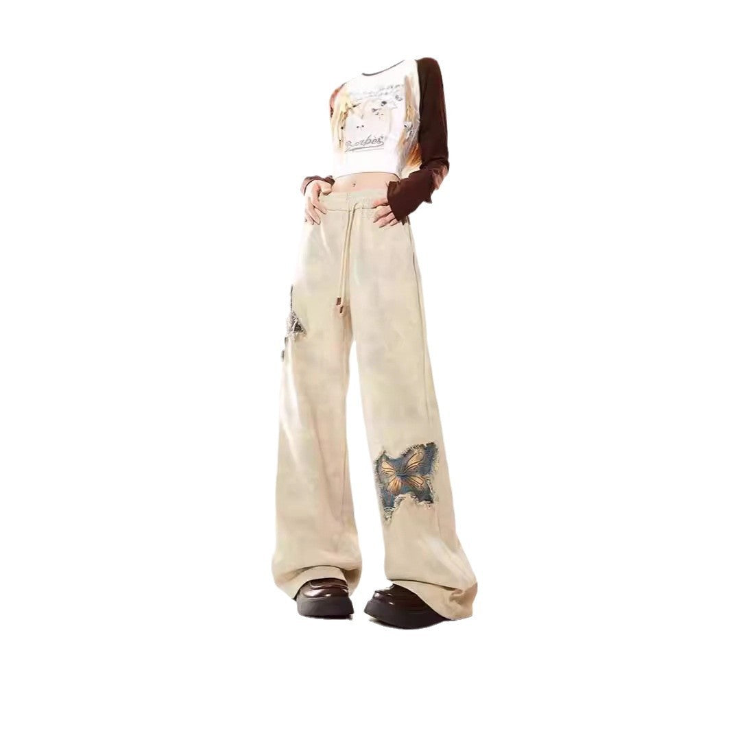 New American Butterfly Raw Embroidery Wide Leg Trousers For Women