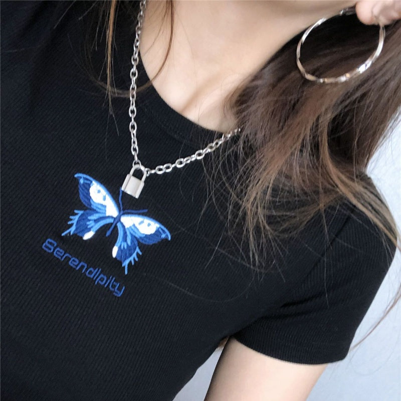 Round Neck Tight Chest Butterfly Embroidery High Waisted Short T-shirt For Women