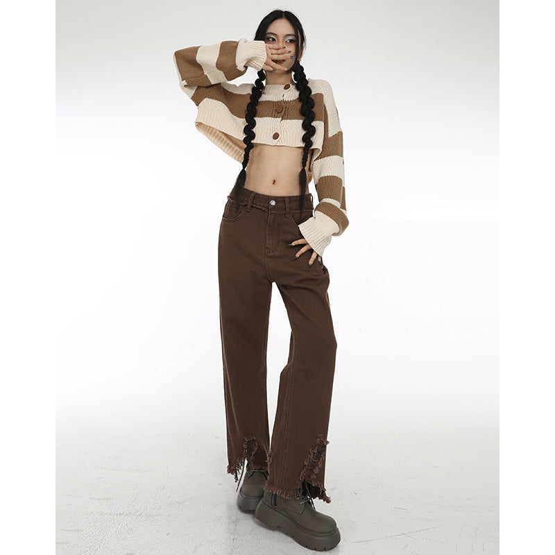 Coffee Colored Distressed Cropped Jeans For Women