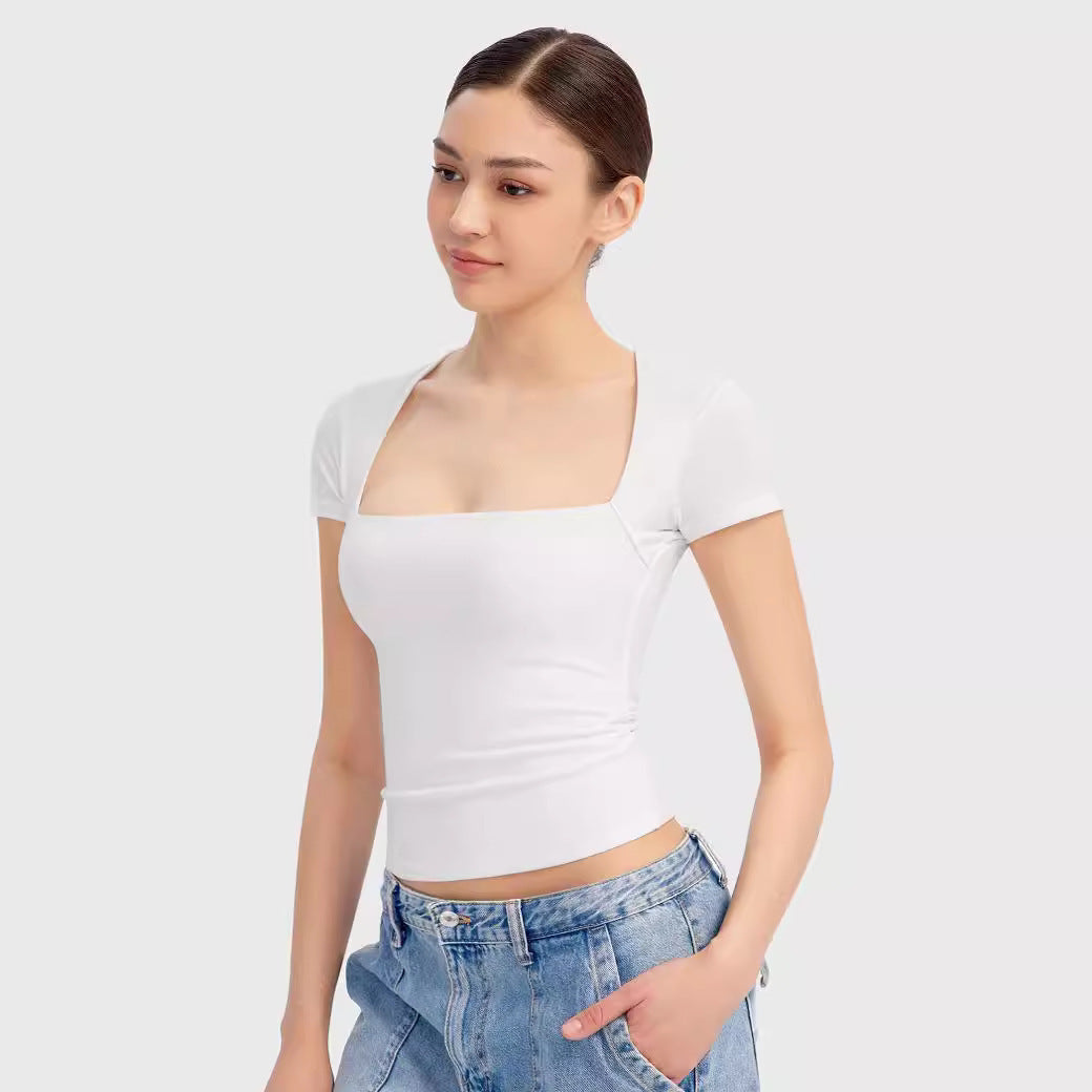 Summer Short-sleeved Square Collar Low-cut Women's T-shirt Top