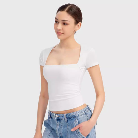 Summer Short-sleeved Square Collar Low-cut Women's T-shirt Top