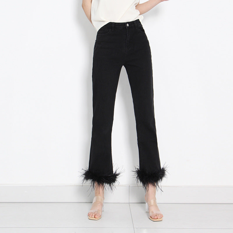 Simple Cropped Fashion Trousers Ostrich Feather Stitching Design For Women