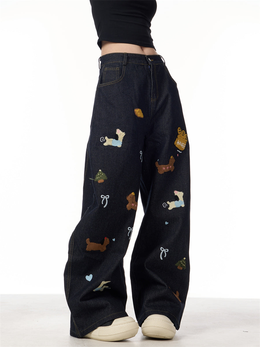 Sausage Dog Patchwork Jeans Women's Loose Casual Wide-leg Pants