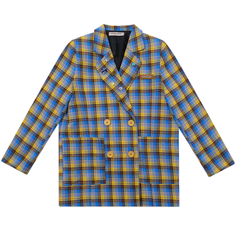 Blue And Yellow Checks Casual Suit Jacket Women