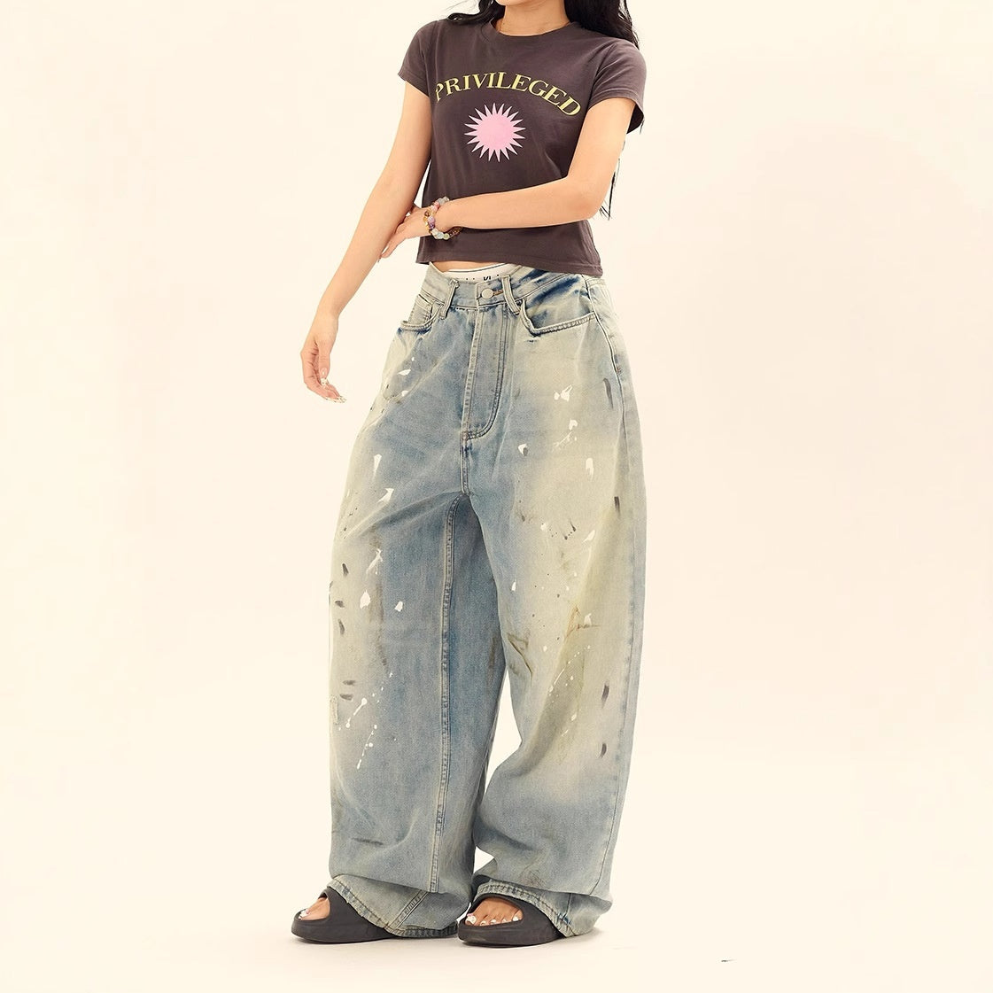 Washed Distressed Casual Loose Wide-leg Jeans Splash-ink Design Slimming Unisex Style Mop Pants Men And Women