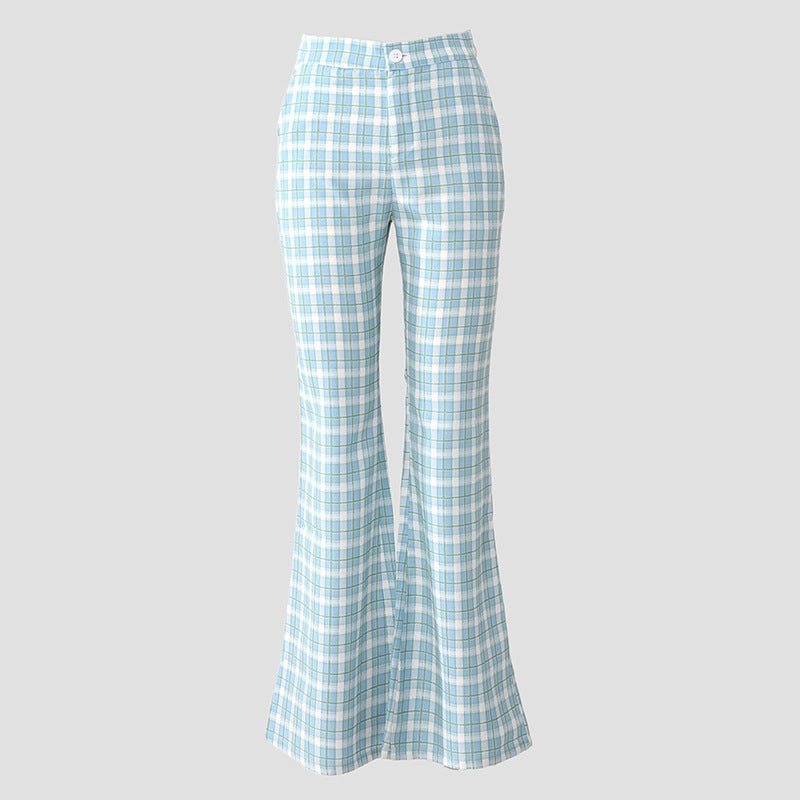 Retro Blue Plaid Casual Pants For Women