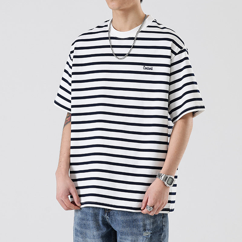 American Fashion Brand Striped T-shirt Men's Loose-fitting Casual Round-neck Short Sleeve Half Sleeve Shirt