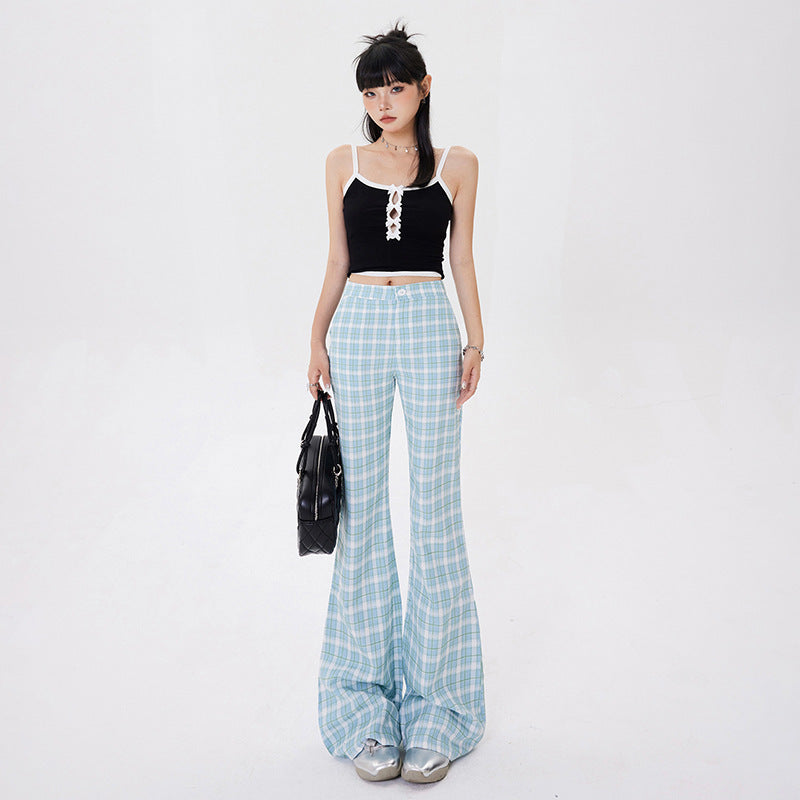 Retro Blue Plaid Casual Pants For Women