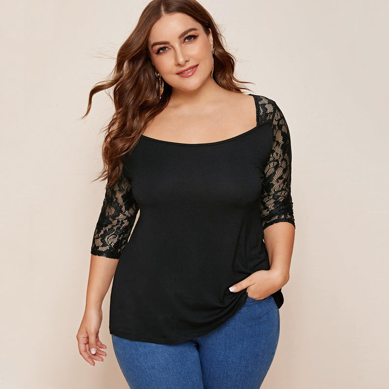 Lace Stitching Sleeve Five-point Sleeve T-shirt Top