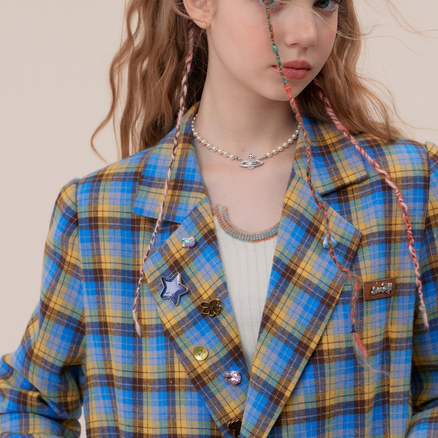 Blue And Yellow Checks Casual Suit Jacket Women