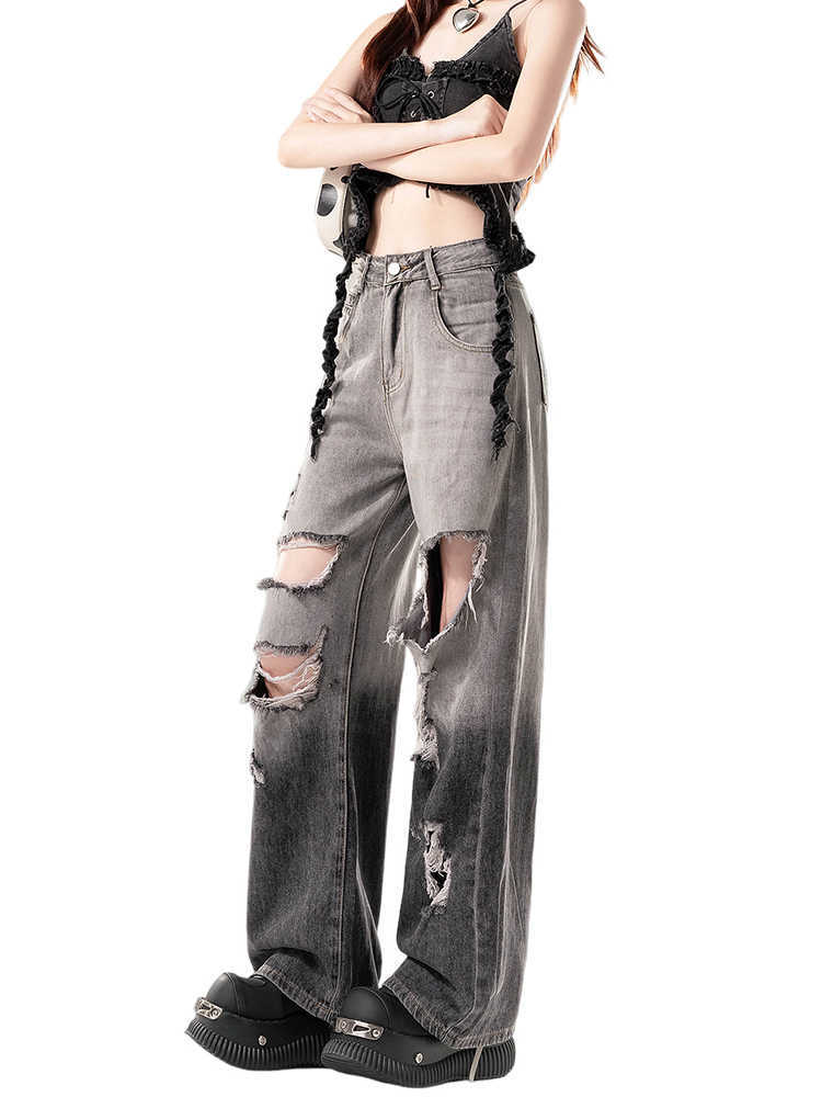 Black Gradient Ripped Wide-legged Jeans Women's High Waist Loose Straight Trousers