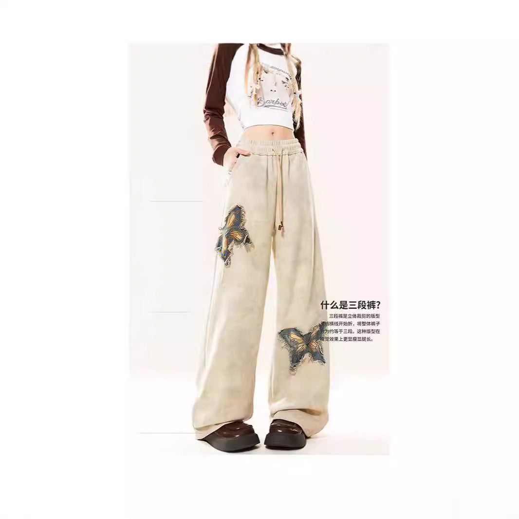 New American Butterfly Raw Embroidery Wide Leg Trousers For Women