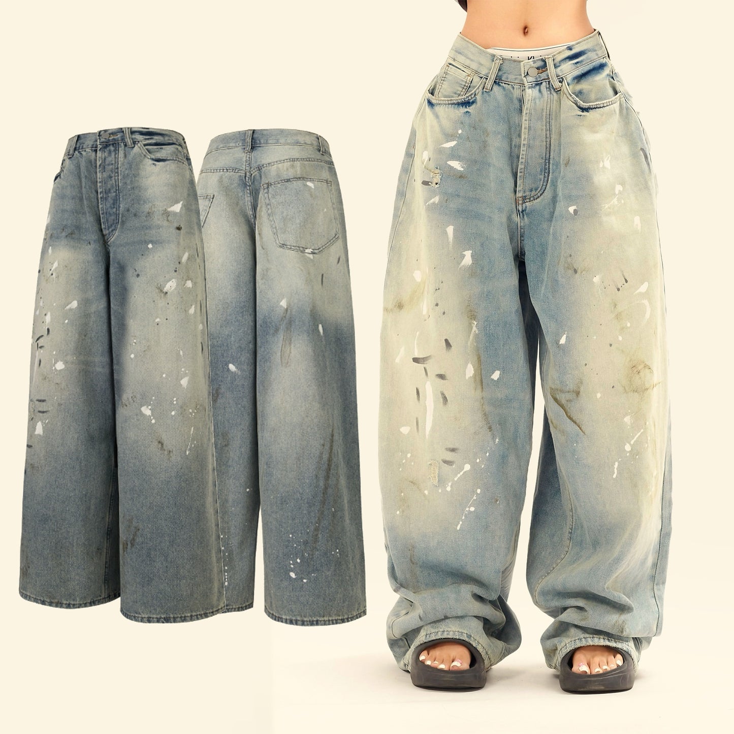 Washed Distressed Casual Loose Wide-leg Jeans Splash-ink Design Slimming Unisex Style Mop Pants Men And Women