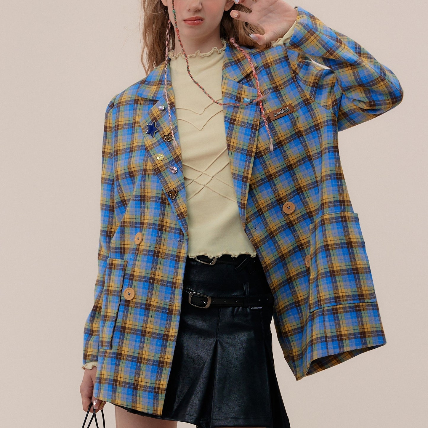 Blue And Yellow Checks Casual Suit Jacket Women