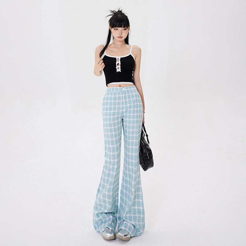 Retro Blue Plaid Casual Pants For Women