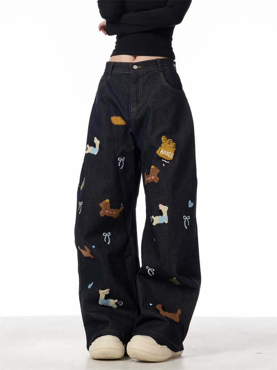 Sausage Dog Patchwork Jeans Women's Loose Casual Wide-leg Pants