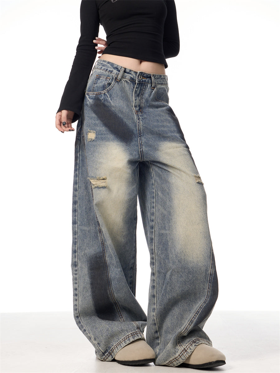 Splash Ink Ripped Machete Jeans For Women Loose-fitting Wide-leg Trousers