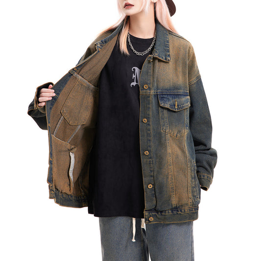 Gradient Retro Washed Denim Jacket Men And Women