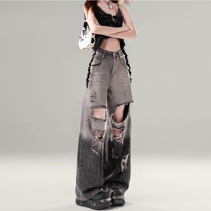 Black Gradient Ripped Wide-legged Jeans Women's High Waist Loose Straight Trousers